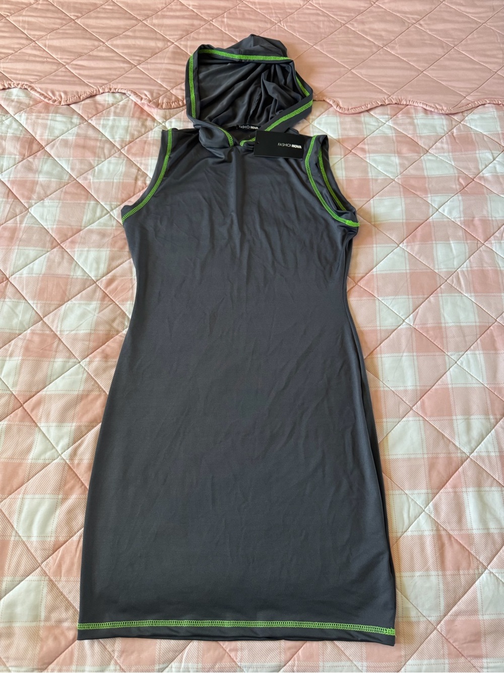 Fashion Nova Sleeveless Hooded Bodycon Dress in Charcoal with Green Trim